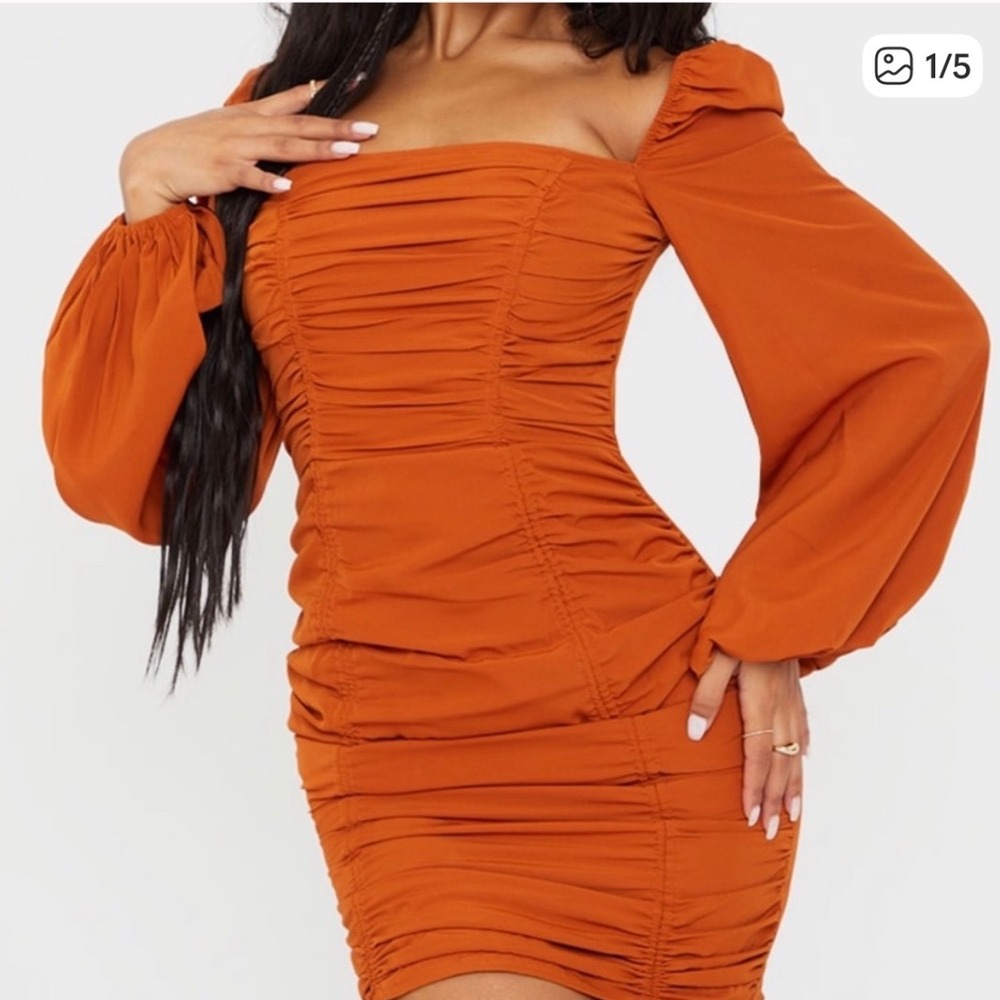 PRETTY LITTLE THING | Burnt Orange Ruched Form Long Sleeve Bodycon Mini Dress, 2